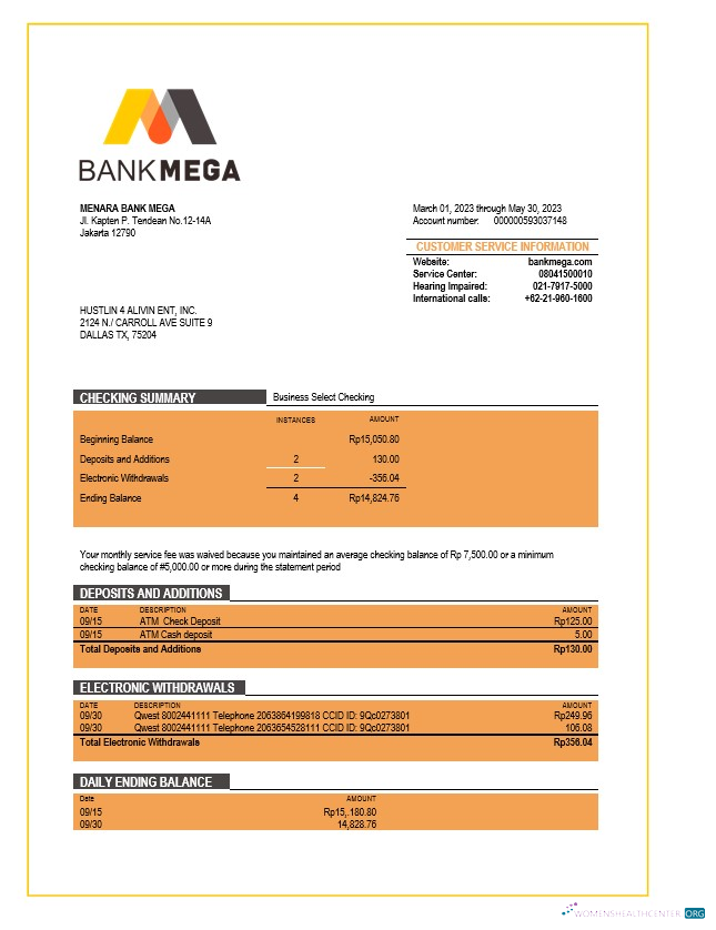 Download Bank Mega corporate checking account statement Word and PDF template Photoshop template